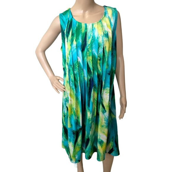Glamour Plus Size 16W Dress Green Abstract Print Sleeveless Pleated Fully Lined - Picture 2 of 10